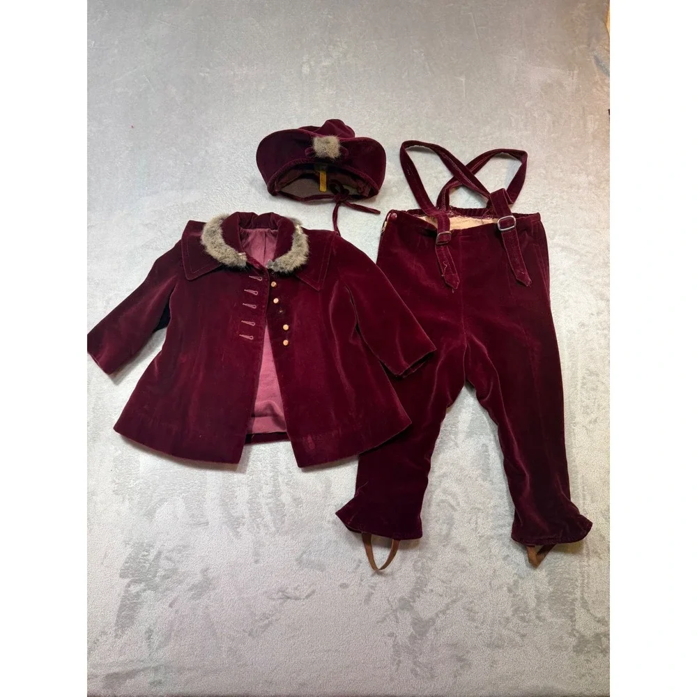 Vintage 1950s Burgundy Velvet Kids 3pc Snowsuit Set Coat Pants‎ Bonnet Fur Trim
